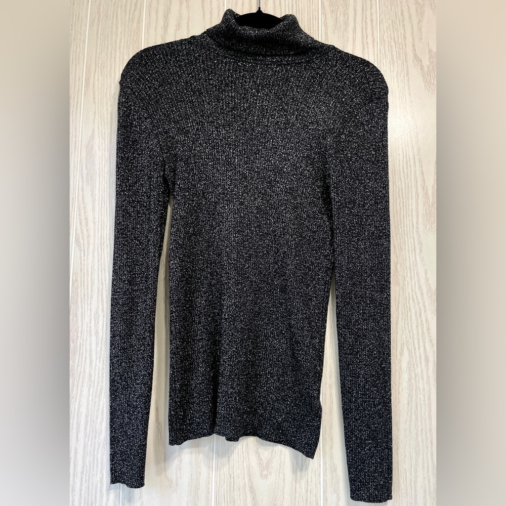 Express M Tight Ribbed Black Silver Metallic Turtleneck Sweater Sparkle EUC